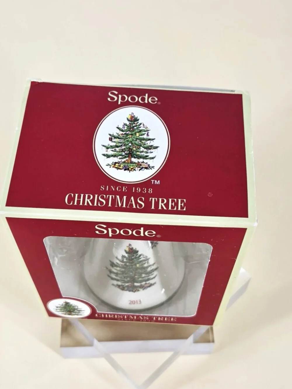 Spode 2013 Teddy Bear Christmas Tree Porcelain Bell Ornament Red Ribbon Bow NOS